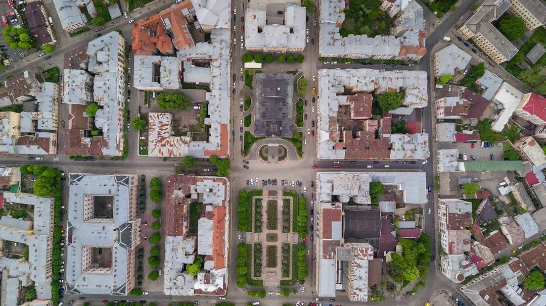 Aerial view of a residential neighbourhood.
