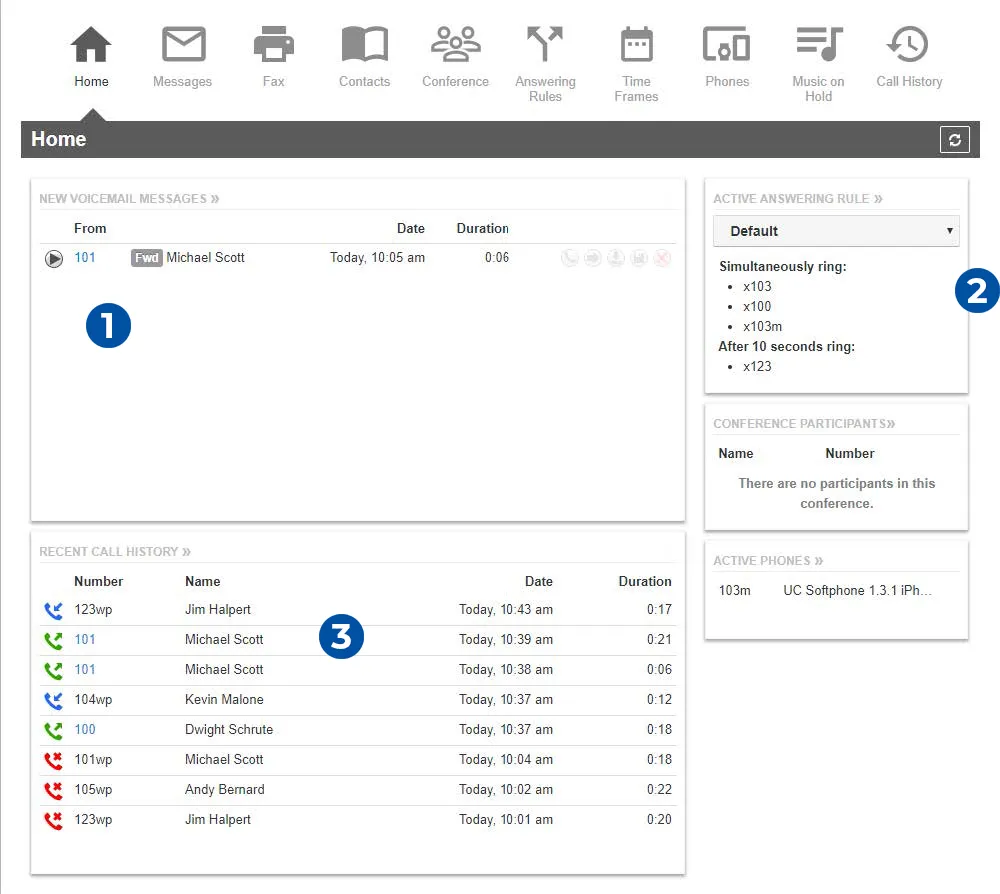 Management portal showing voicemail, active answering rules and recent call history.