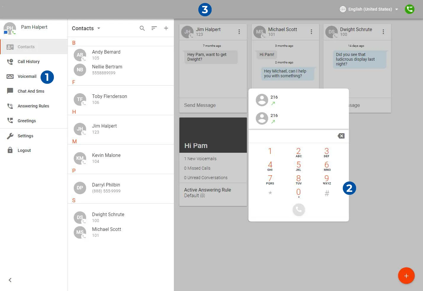 Web phone interface showing contacts, messages and a dial pad.